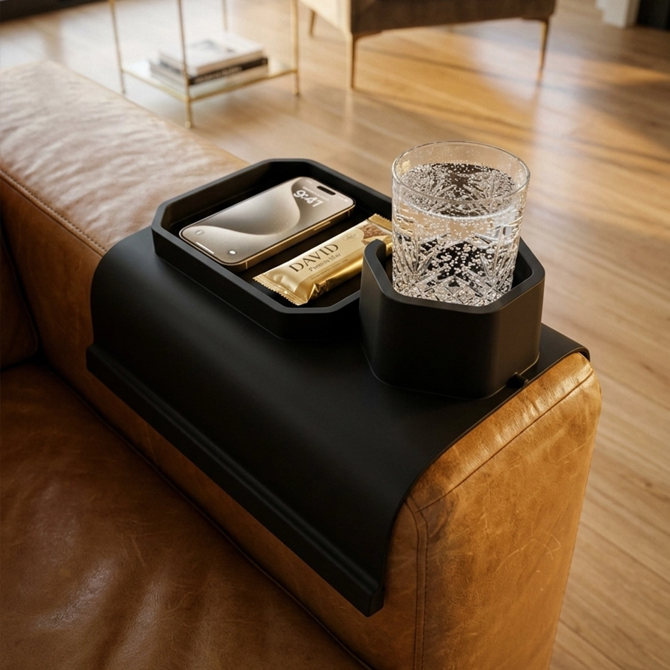 Top-down Sofa Sidekick with cup, phone, and remote